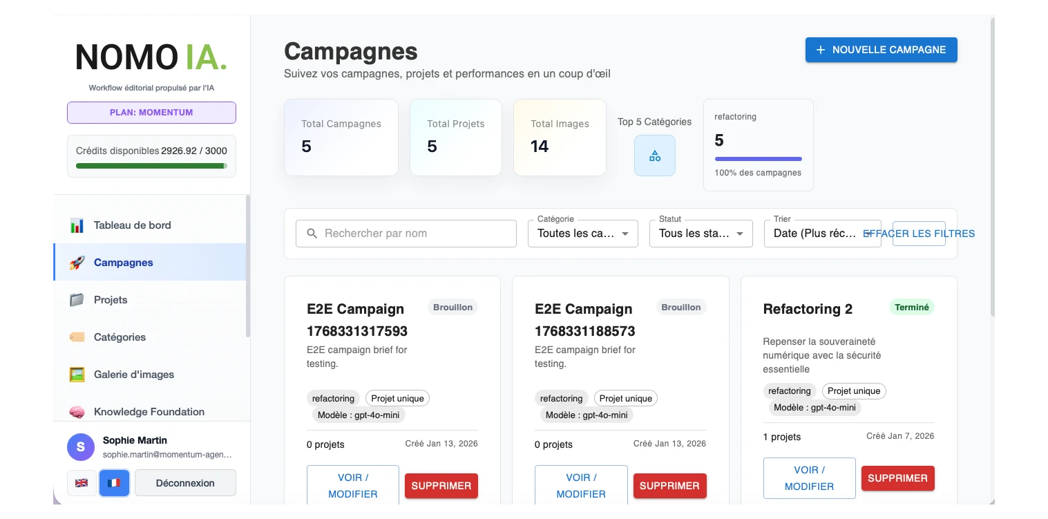 Interface NOMO IA — chaîne éditoriale multi-agents